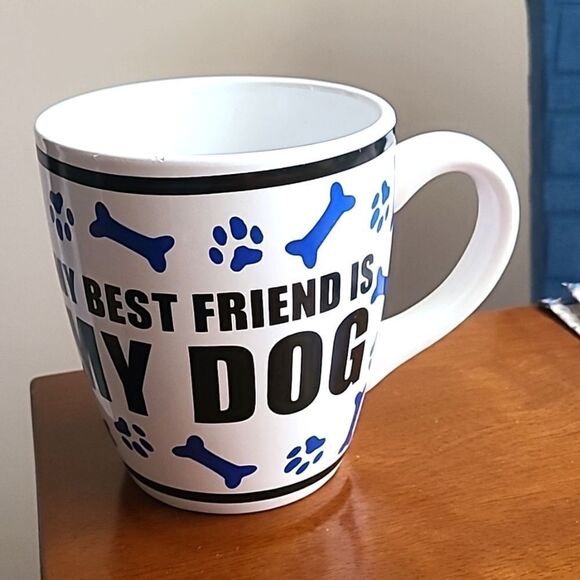 My Best Friend is My Dog White Mug with Pawprints & Bones in Blue - Picture 3 of 7